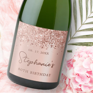 Rose Gold Glitter 80th Birthday Monogram Script Sparkling Wine Label