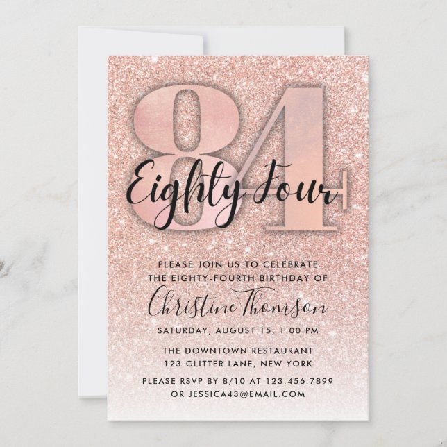 Rose Gold Glitter 84th Birthday Invitation (Front)