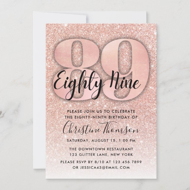 Rose Gold Glitter 89th Birthday Invitation (Front)