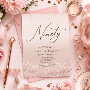 Rose Gold Glitter 90th Birthday Invitation Card