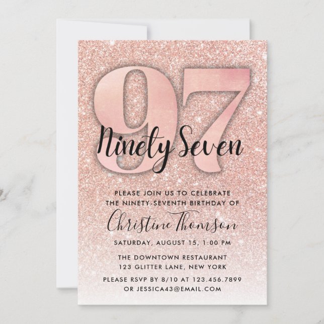 Rose Gold Glitter 97th Birthday Invitation (Front)