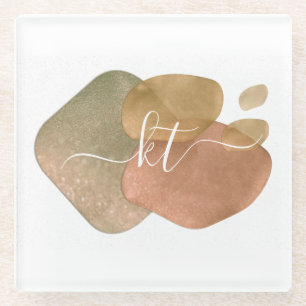 Rose Gold Glitter Abstract Shapes Script Monogram Glass Coaster