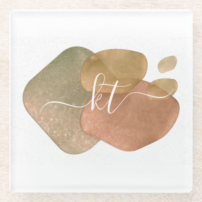 Rose Gold Glitter Abstract Shapes Script Monogram Glass Coaster (Front)