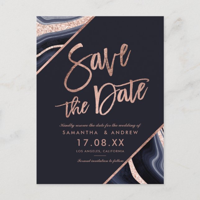 Rose gold glitter agate navy blue save the date announcement postcard (Front)