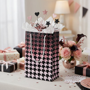 Rose gold glitter and black houndstooth pattern small gift bag