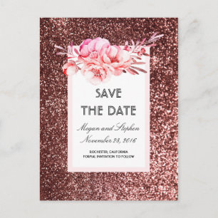Rose Gold Glitter and Blush Flowers Save the Date Announcement Postcard