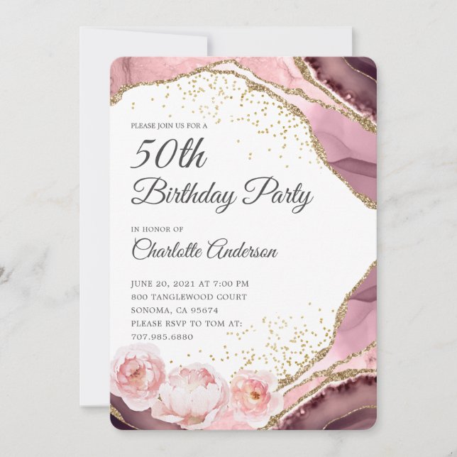 Rose Gold Glitter And Floral 50th Birthday Party Invitation (Front)