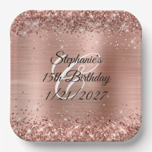 Rose Gold Glitter and Foil 15th Birthday Paper Plate