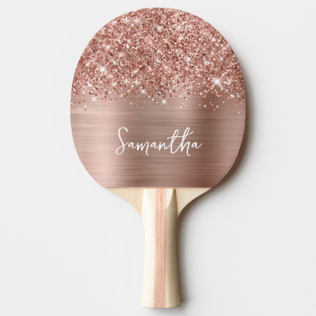 Rose Gold Glitter and Foil Glam Script Name Ping Pong Paddle (Front)