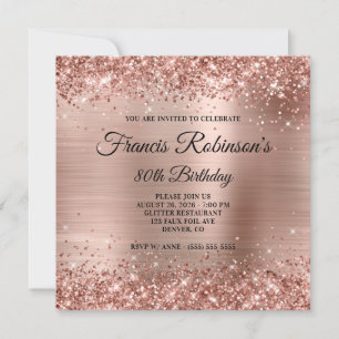 Rose Gold Glitter and Foil Monogram 80th Birthday Invitation