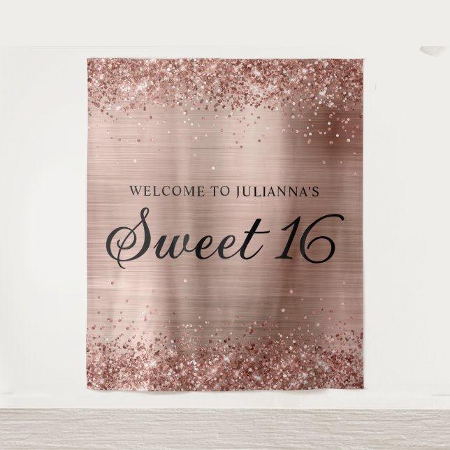 Rose Gold Glitter and Foil Sweet 16 Welcome Tapestry (Front)