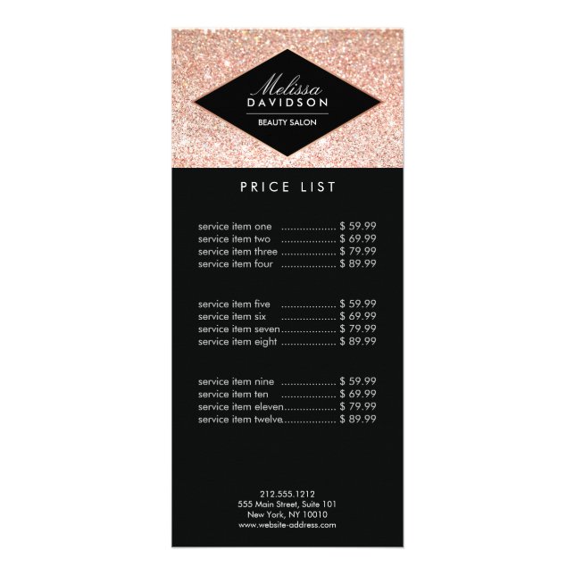 Rose Gold Glitter and Glamour Beauty Rack Card (Front)