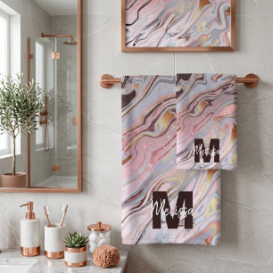 Rose gold glitter and marble bath towel set
