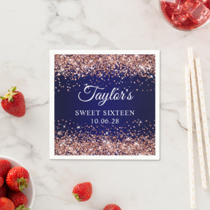 Rose Gold Glitter and Navy Blue Sweet Sixteen Napkin