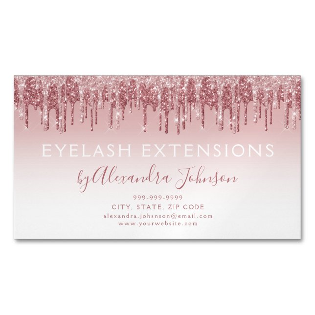 Rose Gold Glitter and Sparkle Eyelash Extension Magnetic Business Card (Front)