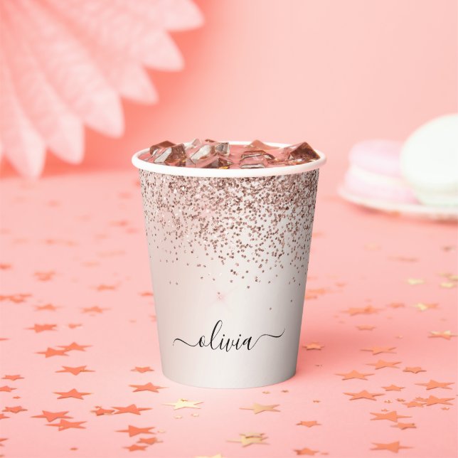 Rose Gold Glitter and Sparkle Monogram Paper Cups (Insitu)