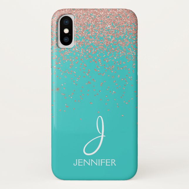 Rose Gold Glitter and Teal Monogram Case-Mate iPhone Case (Back)
