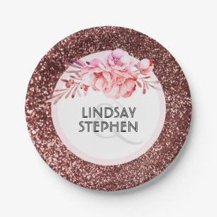 Rose Gold Glitter and Vintage Flowers Wedding Paper Plate