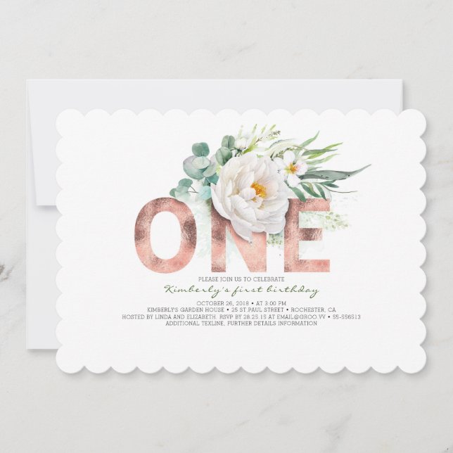Rose Gold Glitter and White Flowers 1st Birthday Invitation (Front)