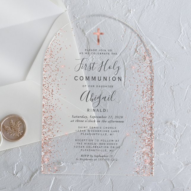 Rose Gold Glitter Arch First Communion Acrylic Invitations (Creator Uploaded)