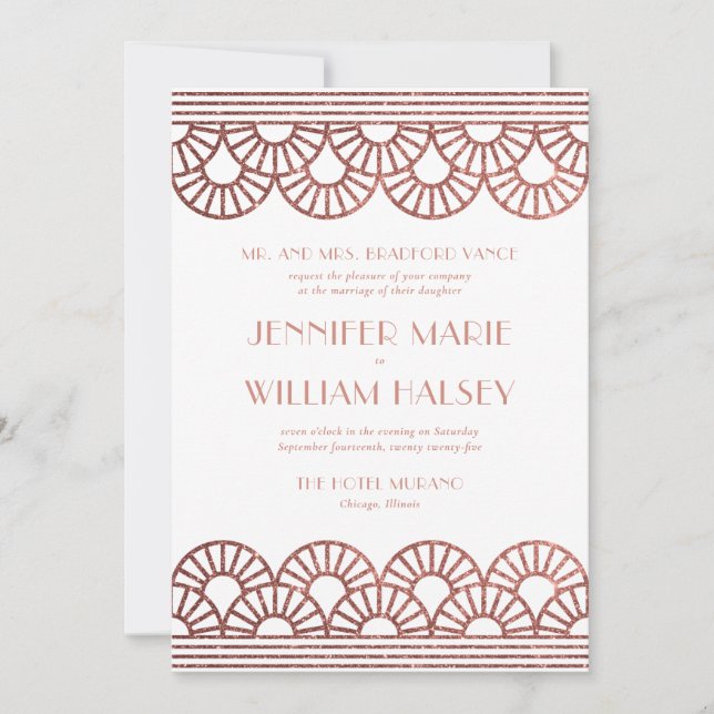 Rose Gold Glitter Art Deco Fan Wedding Invitation (Front)