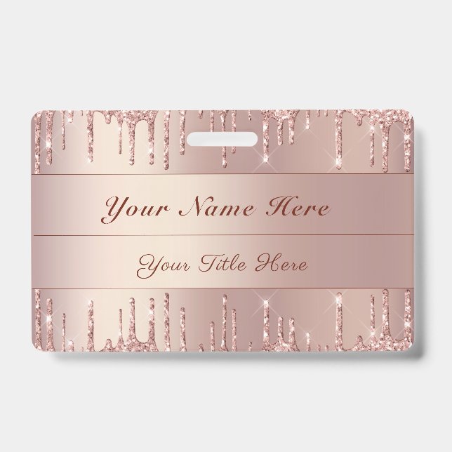 Rose Gold Glitter Badge Template Custom Name Text ID Badge (Front)