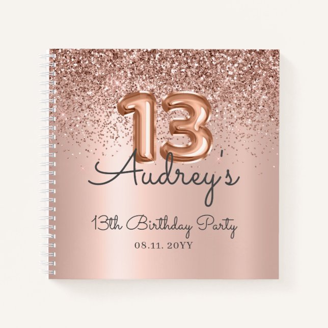 Rose Gold Glitter Balloon 13th Birthday Guest Book (Front)