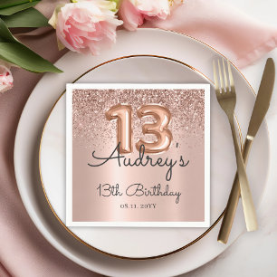 Rose Gold Glitter Balloon 13th Birthday Monogram Napkin