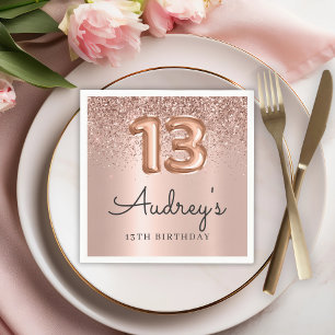 Rose Gold Glitter Balloon 13th Birthday Monogram Napkin