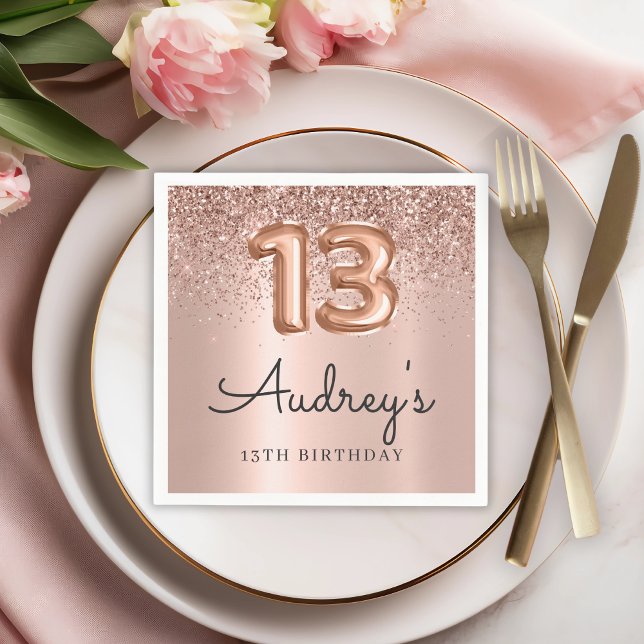 Rose Gold Glitter Balloon 13th Birthday Monogram Napkin (Creator Uploaded)