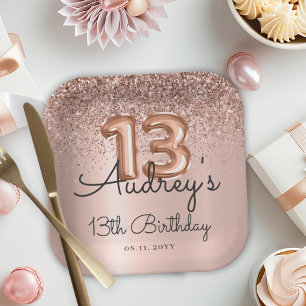 Rose Gold Glitter Balloon 13th Birthday Monogram Paper Plate