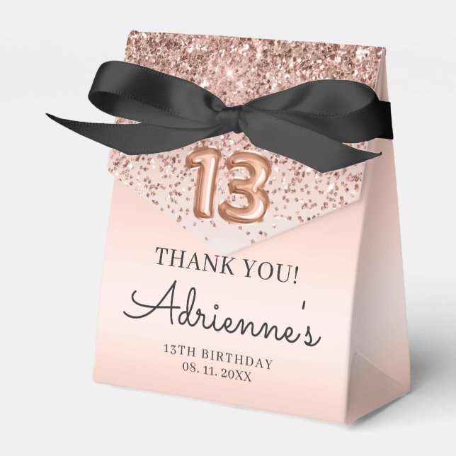 Rose Gold Glitter Balloon 13th Birthday Thank You  Favour Box (Front Side)