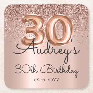 Rose Gold Glitter Balloon Metallic 30th Birthday  Square Paper Coaster