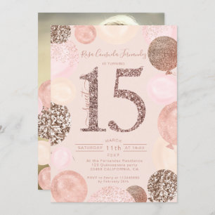 Rose gold glitter balloons blush Quinceanera photo Invitation