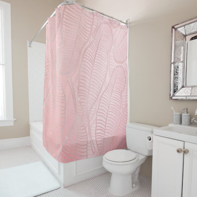 Rose Gold Glitter Banana Leaves Artwork Shower Curtain (In Situ)