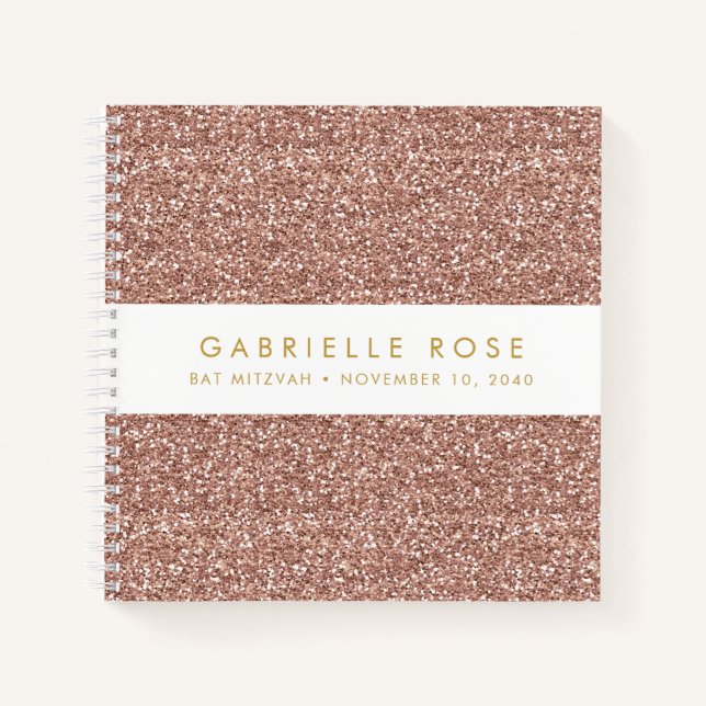Rose Gold Glitter Bat Mitzvah Autograph Guestbook Notebook (Front)