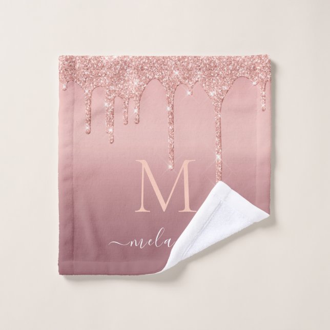 Rose Gold Glitter Bath Towels Custom Letter Name (Wash Cloth)