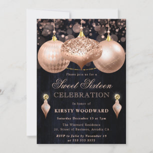 Rose Gold Glitter Baubles Christmas Sweet 16 Invitation