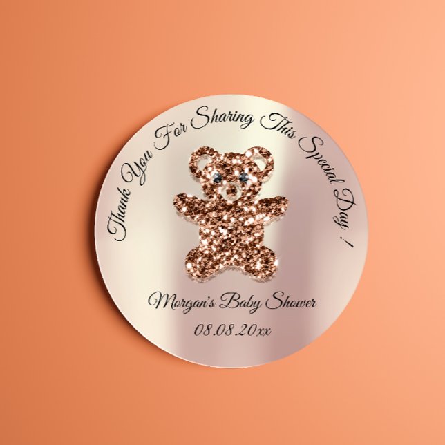 Rose Gold Glitter Bear Baby Shower Favour Thank  Classic Round Sticker (Creator Uploaded)