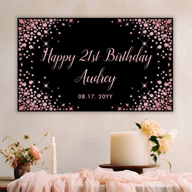 Rose Gold Glitter Black 21st Birthday Monogram Banner (Creator Uploaded)