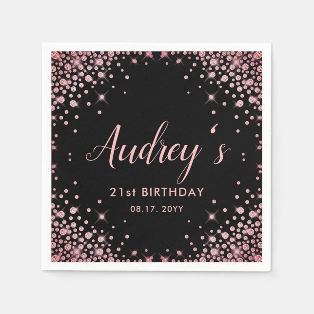 Rose Gold Glitter Black 21st Birthday Monogram Napkin (Front)
