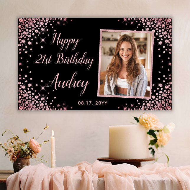 Rose Gold Glitter Black 21st Birthday Photo Banner (Creator Uploaded)