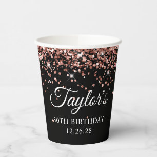 Rose Gold Glitter Black 30th Birthday Paper Cups