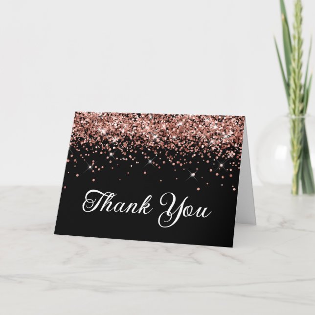 Rose Gold Glitter Black 50th Birthday Thank You Card (Front)
