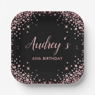 Rose Gold Glitter Black 60th Birthday Monogram Paper Plate