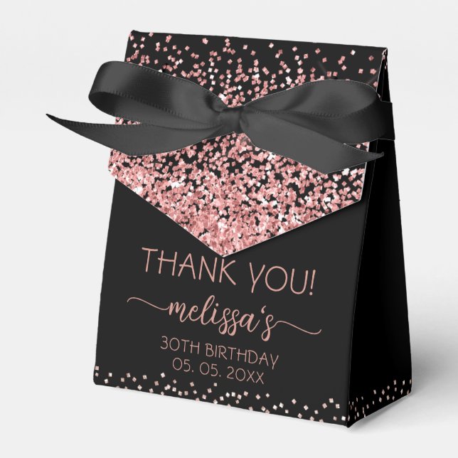 Rose Gold Glitter Black Birthday Thank You Favour Box (Front Side)