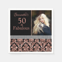 Rose Gold Glitter Black Damask 50th Birthday photo
