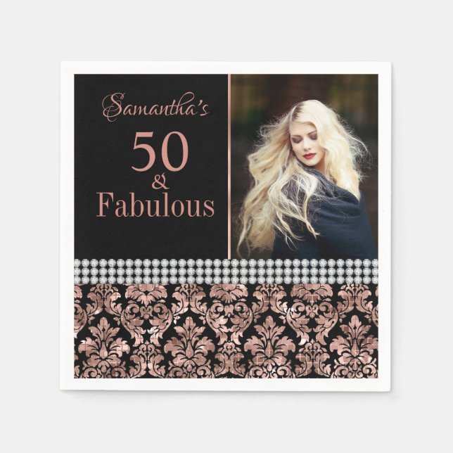 Rose Gold Glitter Black Damask 50th Birthday photo Napkin (Front)