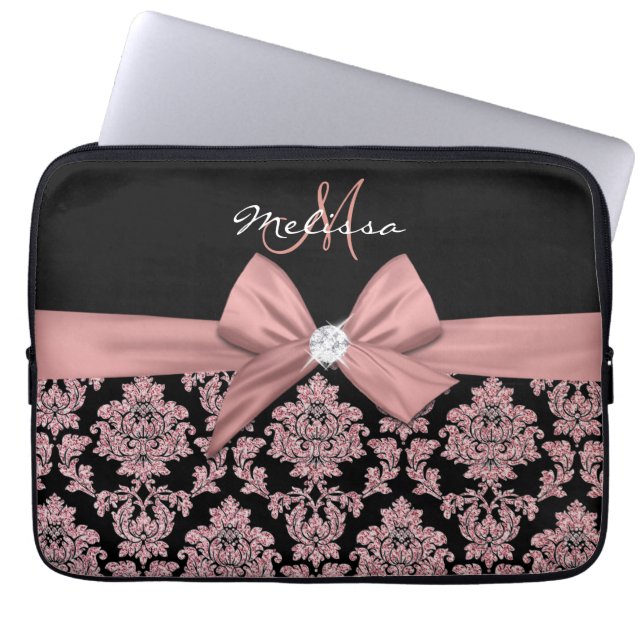 Rose gold glitter Black Damask, Bow, Diamond Laptop Sleeve (Front)
