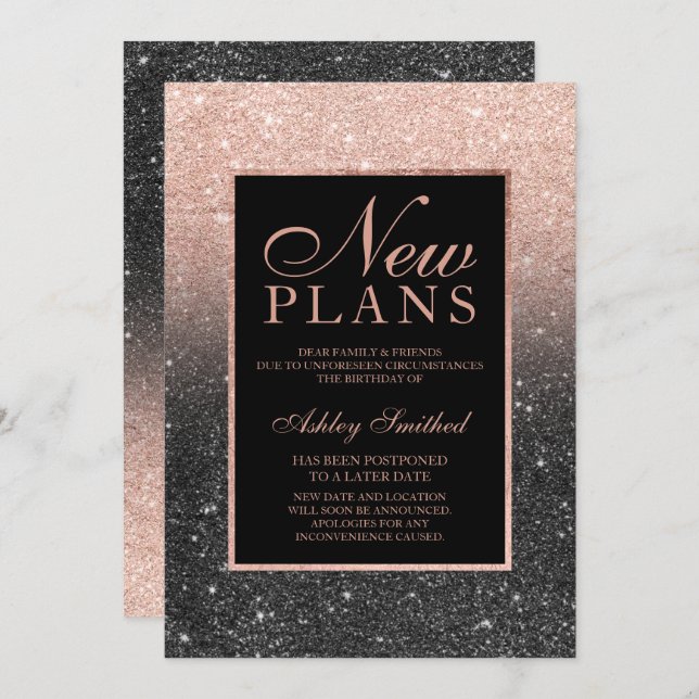 Rose gold glitter black elegant chic new plans invitation (Front/Back)